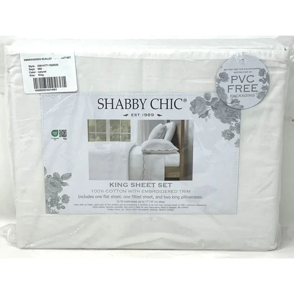 Shabby Chic Embroidered Cotton King Sheet Set Scallop Dot Natural Tan Beige Wht